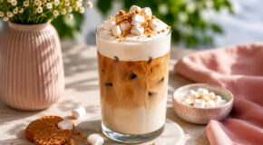 Et glass med islatte med marshmallowskum står på en kjøkkenbenk