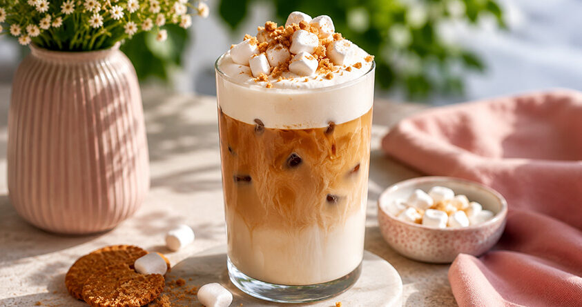 Et glass med islatte med marshmallowskum står på en kjøkkenbenk