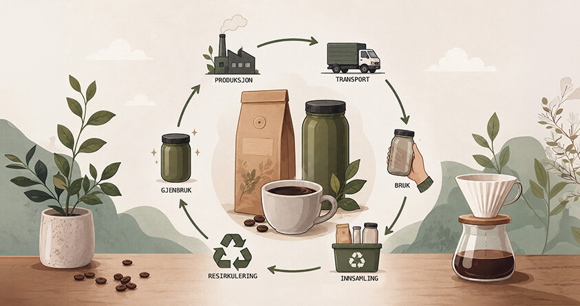Illustrasjon av livsløpet til kaffeemballasje, fra produksjon til gjenbruk