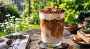 Et glass med tiramisu-islatte står på et bord ute i en grønn hage