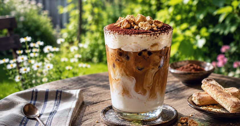 Et glass med tiramisu-islatte står på et bord ute i en grønn hage