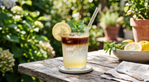 Et glass med yuzu espresso tonic står på et bord ute i en hage