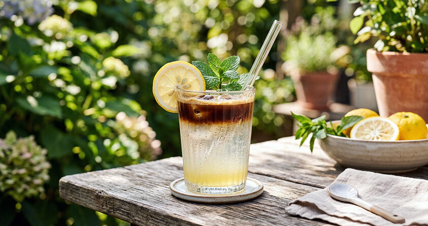 Et glass med yuzu espresso tonic står på et bord ute i en hage