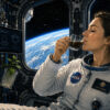 En astronaut i verdensrommet drikker og nyter kaffe av en kopp