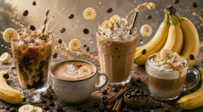 Ulike kaffedrikker med bananer, bananskiver, kaffebønner og kanel