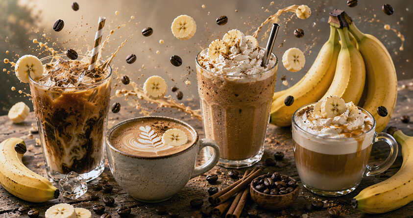 Ulike kaffedrikker med bananer, bananskiver, kaffebønner og kanel