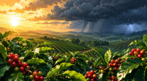Illustrasjon av en kaffeplantasje i Brasil hvor himmelen er delt i to med fint vær og uvær