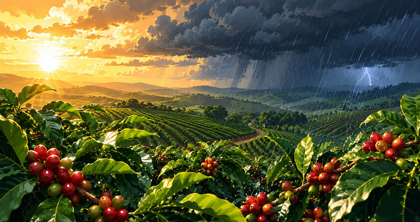 Illustrasjon av en kaffeplantasje i Brasil hvor himmelen er delt i to med fint vær og uvær