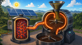 Illustrasjon av hvordan solenergi kan lagres som varme i stein og senere brukes til å brenne kaffe
