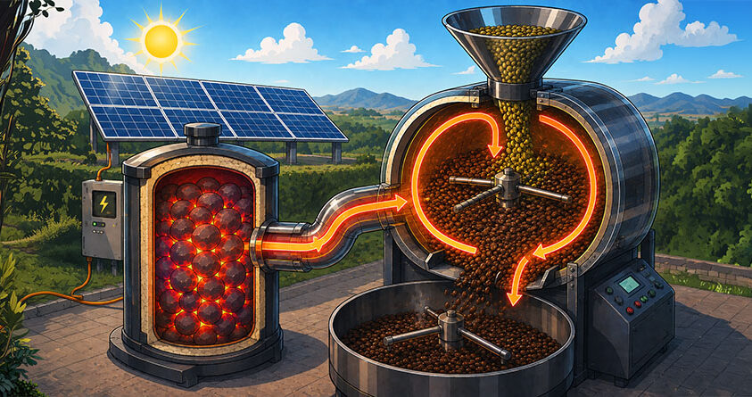 Illustrasjon av hvordan solenergi kan lagres som varme i stein og senere brukes til å brenne kaffe